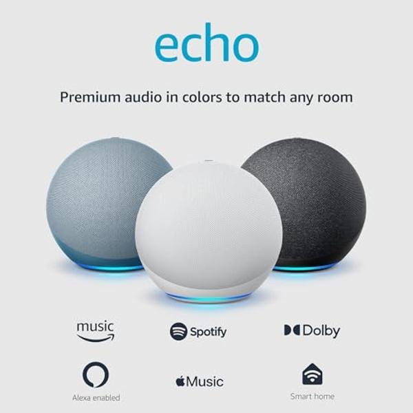 Amazon Echo (modelo más nuevo), altavoz Alexa con sonido premium, ideal para dormitorios grandes, salas de estar y cocinas, blanco glaciar