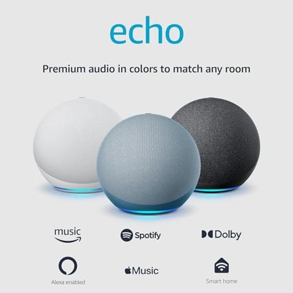 Amazon Echo (modelo más nuevo), altavoz Alexa con sonido premium, ideal para dormitorios grandes, salas de estar y cocinas, azul crepúsculo