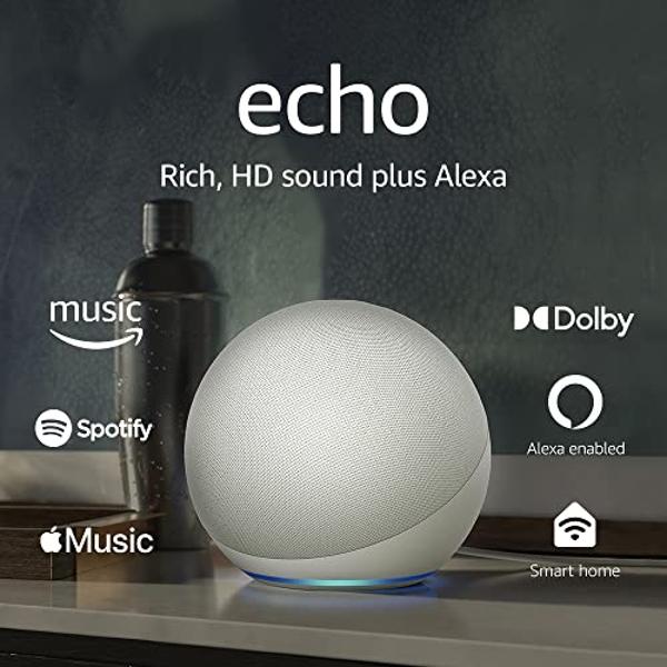 Amazon Echo (modelo más nuevo), altavoz Alexa con sonido premium, ideal para dormitorios grandes, salas de estar y cocinas, blanco glaciar