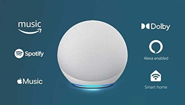 Amazon Echo (modelo más nuevo), altavoz Alexa con sonido premium, ideal para dormitorios grandes, salas de estar y cocinas, blanco glaciar