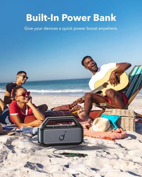 Altavoz para exteriores Soundcore Boom 2, 80 W, subwoofer, BassUp 2.0, 24 h de reproducción, resistencia al agua IPX7, flotante, luces RGB, USB-C, ecualizador personalizado, Blueto