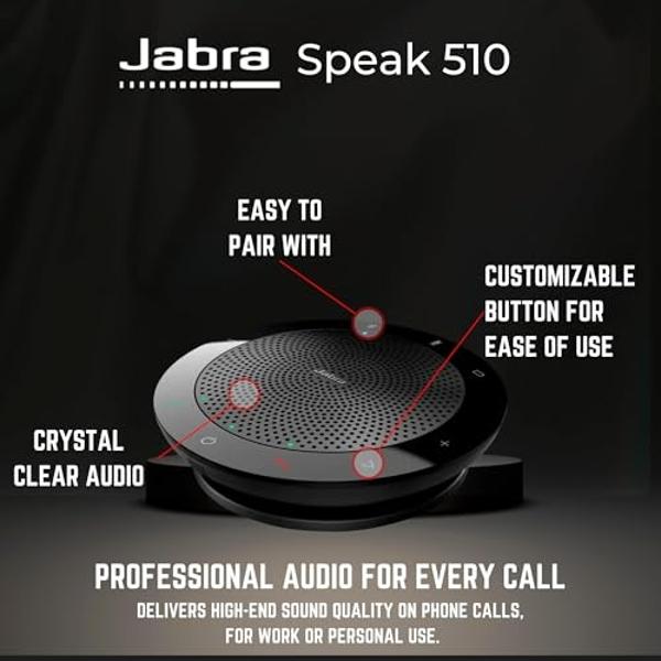 Jabra Speak 510 - Altavoz Bluetooth USB - Versión Teams para portátil y móvil - Mejora el audio de conferencias y llamadas telefónicas, ideal para Zoom con funda protectora, plan d