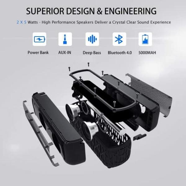 Altavoz Bluetooth solar ABFOCE, altavoz portátil para exteriores con batería externa de 5000 mAh, 60 horas de reproducción, micrófono, sonido estéreo, altavoz inalámbrico para el h