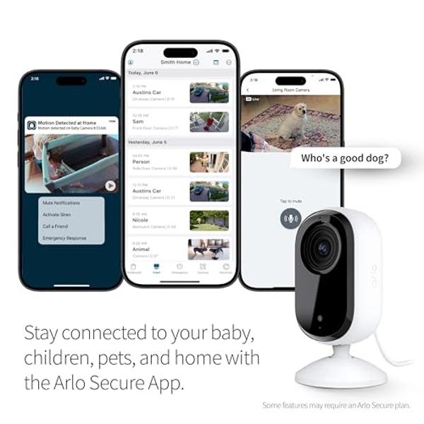 Cámara de seguridad Arlo Essential 2K | Solo para interiores | 2.ª generación | Monitor de bebés y cámara para mascotas | Protector de privacidad automatizado con cable, audio bidi
