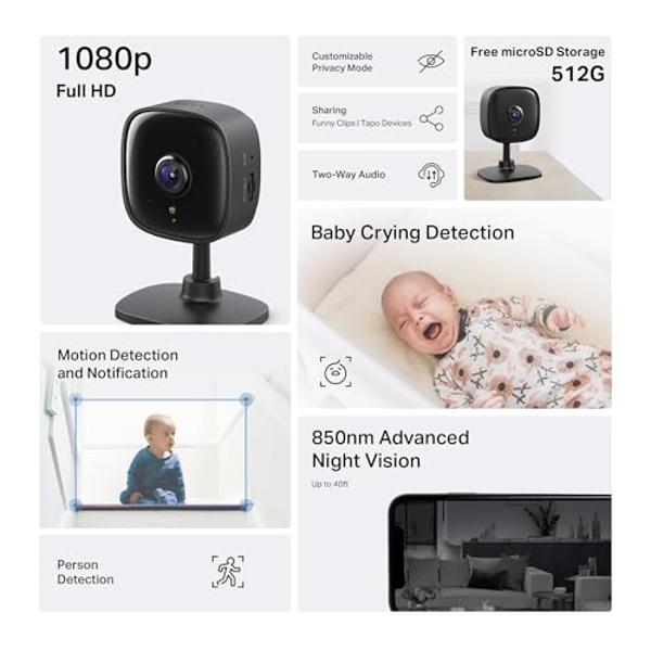Cámara de seguridad Tapo by TP-Link 1080P para interiores, monitor de bebés, cámara para mascotas con detección de movimiento, audio bidireccional, visión nocturna, almacenamiento 