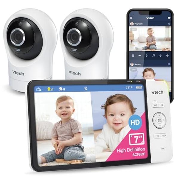 Monitor de bebé inteligente VTech RM7764-2HD con WiFi y 2 cámaras, giro e inclinación de 360°, zoom 10X, pantalla HD de 7" y visión nocturna, sonidos relajantes, comunicación bidir