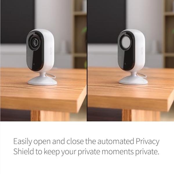 Cámara de seguridad Arlo Essential 2K | Solo para interiores | 2.ª generación | Monitor de bebés y cámara para mascotas | Protector de privacidad automatizado con cable, audio bidi