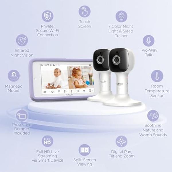 Monitor de bebé inteligente HUBBLE CONNECTED Nursery Pal Cloud Touch Twin con WiFi, 2 cámaras, pantalla táctil a color HD de 5 pulgadas, sonidos relajantes, canciones de cuna e his