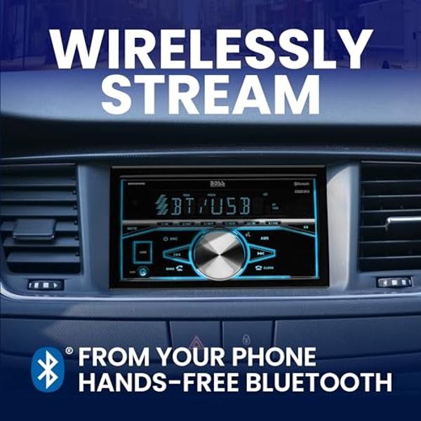 Estéreo para auto BOSS Audio Systems 820BRGB - Doble DIN, Bluetooth, sin reproductor de CD y DVD, receptor de radio AM/FM, iluminación multicolor, control remoto inalámbrico, entra