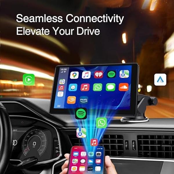 Pantalla Carmot para Apple Carplay: Apple Carplay y Android Auto inalámbricos con pantalla táctil de 9", receptor de audio portátil para coche con control de voz, Bluetooth y FM.