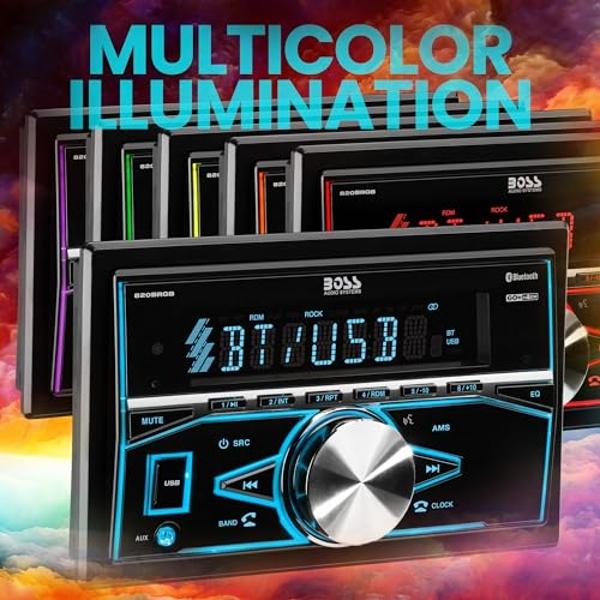 Estéreo para auto BOSS Audio Systems 820BRGB - Doble DIN, Bluetooth, sin reproductor de CD y DVD, receptor de radio AM/FM, iluminación multicolor, control remoto inalámbrico, entra