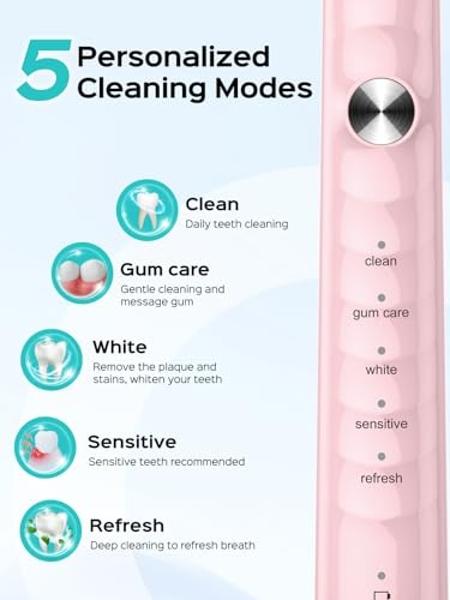 Cepillo de dientes eléctrico COSLUS para adultos y adolescentes: cepillo de dientes inalámbrico recargable con estuche de viaje portátil, 5 modos, 47000 VPM, 6 cabezales, color ros