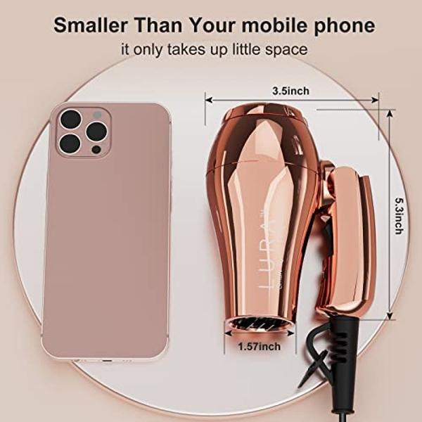 Minisecador de pelo portátil de viaje LURA: Secador de pelo pequeño y ligero de doble voltaje con enchufe europeo, compacto de 1200 W con mango plegable, con concentrador y difusor