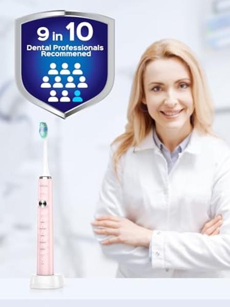 Cepillo de dientes eléctrico COSLUS para adultos y adolescentes: cepillo de dientes inalámbrico recargable con estuche de viaje portátil, 5 modos, 47000 VPM, 6 cabezales, color ros