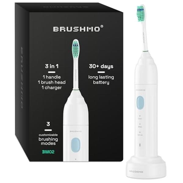 Cepillo de dientes eléctrico sónico Brushmo e-Series - Cepillo de dientes electrónico recargable de rosca para adultos con 3 modos y temporizador - Resistente al agua IPX7, batería