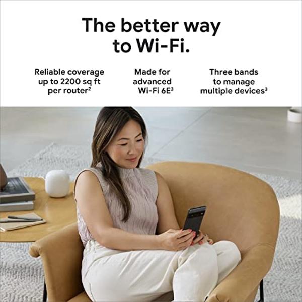 Google Nest WiFi Pro - 6E - Sistema Wi-Fi doméstico confiable con alta velocidad y cobertura total - Router de malla - Paquete de 3 - Nieve