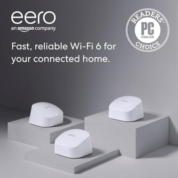 Sistema wifi en malla Amazon eero 6: compatible con planes de Internet de hasta 500 Mbps, cobertura de hasta 417 m², conecta más de 75 dispositivos, paquete de 3 (1 enrutador + 2 e