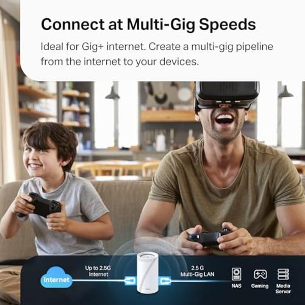 Sistema de malla para todo el hogar TP-Link Tri-Band WiFi 7 BE10000 (Deco BE63): 6 flujos de 10 Gbps, 4 puertos de 2,5 G con backhaul cableado, 4 antenas internas inteligentes, VPN