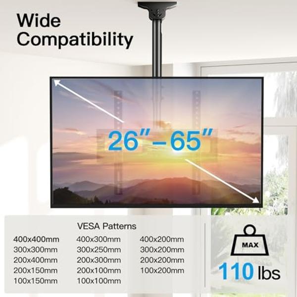 Soporte de techo para TV PERLESMITH para pantallas planas de 26 a 65 pulgadas, soporte ajustable para TV de techo, compatible con la mayoría de televisores LCD, LED, OLED 4K, sopor