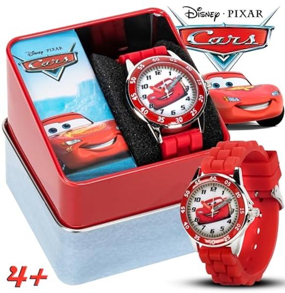 Reloj infantil con función de aprendizaje de la hora de Disney Pixar Cars: diseño de Rayo McQueen con correa de silicona roja, esfera fácil de leer y ajuste para muñecas de 5.5" a 