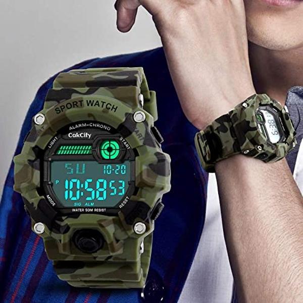 Reloj deportivo LED de camuflaje para niños, resistente al agua, digital, electrónico, informal, militar, con correa de silicona, luminoso, alarma y cronómetro.