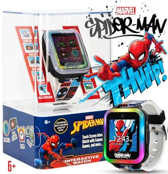 Reloj inteligente interactivo para niños de Marvel Spider-Man con pantalla táctil, juegos, cámara, temporizador y podómetro para niños y niñas: 10 esferas de reloj, 3 fondos de pan