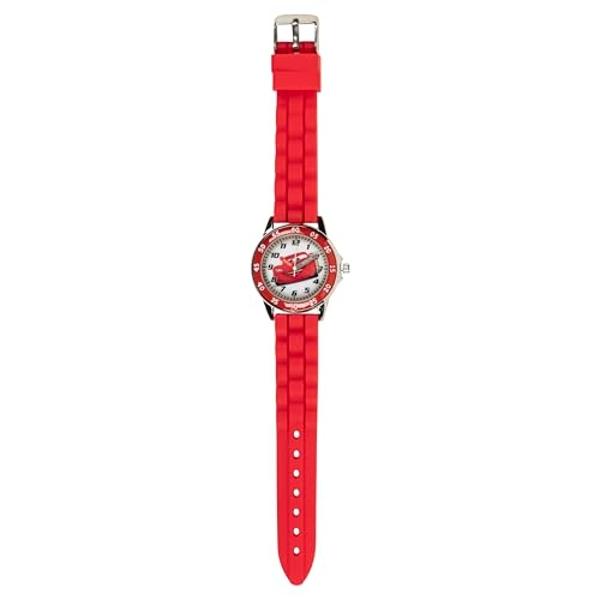 Reloj infantil con función de aprendizaje de la hora de Disney Pixar Cars: diseño de Rayo McQueen con correa de silicona roja, esfera fácil de leer y ajuste para muñecas de 5.5" a 