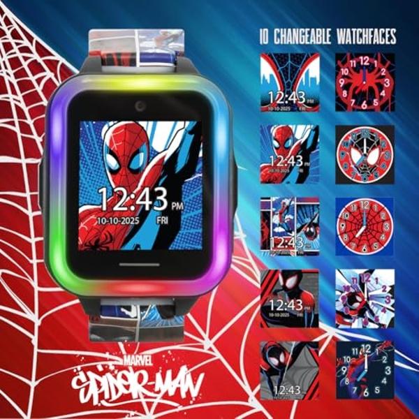 Reloj inteligente interactivo para niños de Marvel Spider-Man con pantalla táctil, juegos, cámara, temporizador y podómetro para niños y niñas: 10 esferas de reloj, 3 fondos de pan