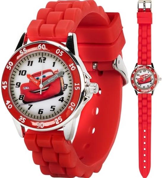 Reloj infantil con función de aprendizaje de la hora de Disney Pixar Cars: diseño de Rayo McQueen con correa de silicona roja, esfera fácil de leer y ajuste para muñecas de 5.5" a 