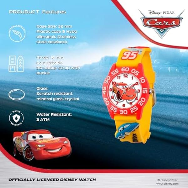 Reloj infantil de Disney Pixar Cars Rayo McQueen - Reloj para niño - Relojes para niños pequeños - Juguetes para niños - Disney Toddler - Para adolescentes - Bisel rojo - Correa am