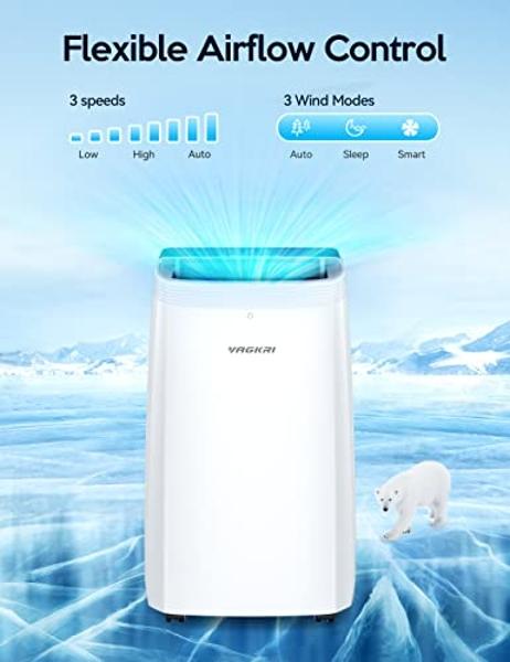 Aire acondicionado portátil VAGKRI de 14 000 BTU, 3 en 1 con ventilador y deshumidificador, enfría hasta 65 m², de bajo consumo, con control remoto, modos de suspensión y temporiza