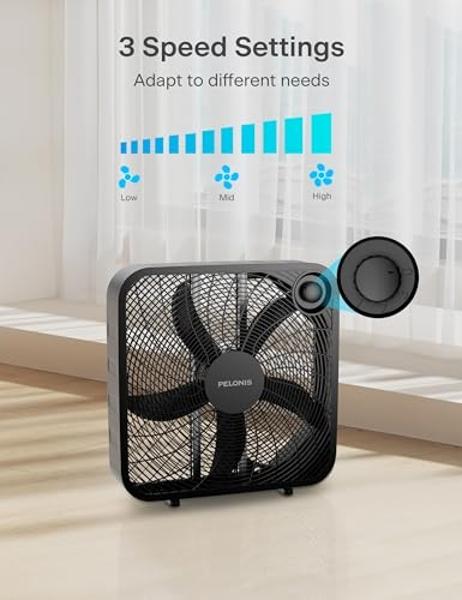 Ventilador de caja Pelonis de 20 pulgadas: 3 velocidades ajustables para un nivel de ruido ideal para dormir. La tecnología de 5 aspas proporciona un flujo de aire potente para com