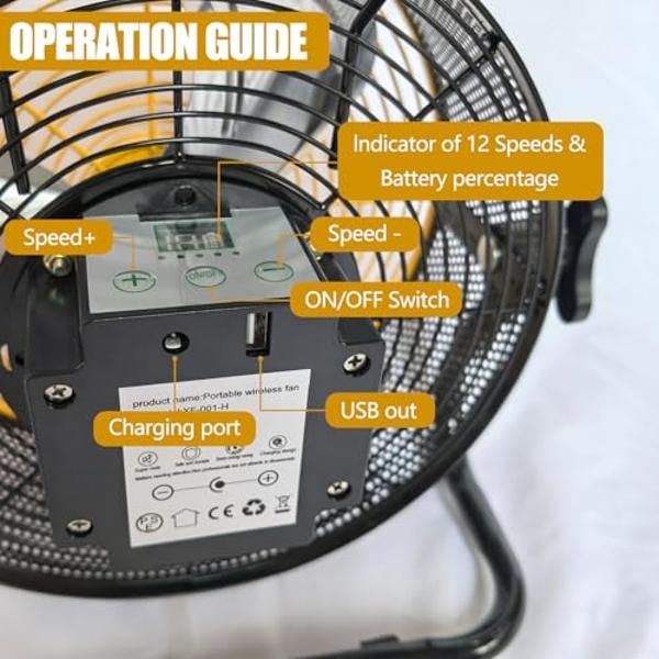Ventilador solar a batería, portátil para uso doméstico o exterior, funciona de 5 a 24 horas, ideal para cobertizos, huracanes y con salida USB para emergencias sin electricidad.