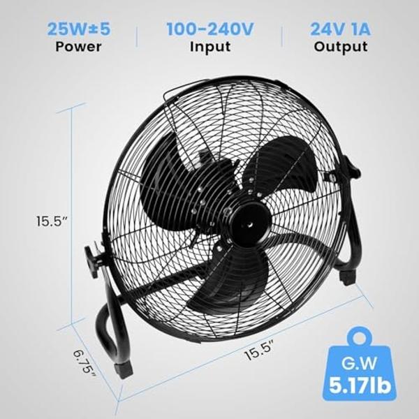 Ventilador Lasko de alta velocidad con QuickMount para suelo o pared, 3 potentes velocidades para garaje, taller y ático, 20", plateado/negro, H20610