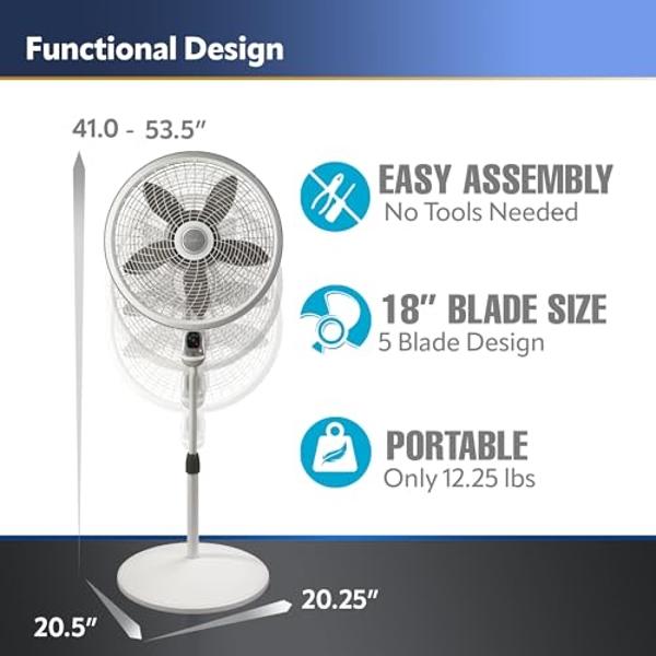 Ventilador de pedestal Lasko Cyclone, altura ajustable, control remoto, temporizador, 3 velocidades, para dormitorio, cocina, oficina y sala de estar, 45 cm, blanco, 1885, grande