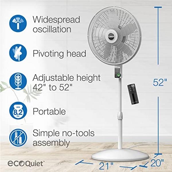 Ventilador de pedestal Lasko Cyclone, altura ajustable, control remoto, temporizador, 3 velocidades, para dormitorio, cocina, oficina y sala de estar, 45 cm, blanco, 1885, grande