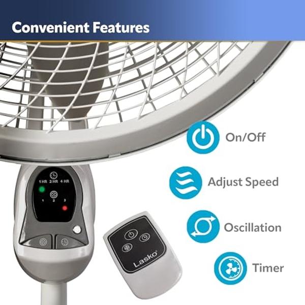 Ventilador de pedestal Lasko Cyclone, altura ajustable, control remoto, temporizador, 3 velocidades, para dormitorio, cocina, oficina y sala de estar, 45 cm, blanco, 1885, grande