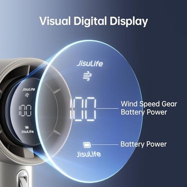 Ventilador portátil JISULIFE, velocidad ajustable (1-100), mini ventilador turbo con batería recargable de 5000 mAh, cuerpo de metal, pantalla digital, ideal para viajes, camping y