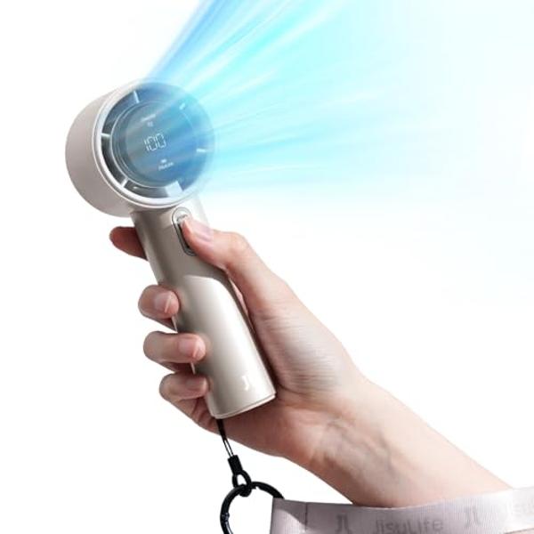 Ventilador portátil JISULIFE, velocidad ajustable (1-100), mini ventilador turbo con batería recargable de 5000 mAh, cuerpo de metal, pantalla digital, ideal para viajes, camping y