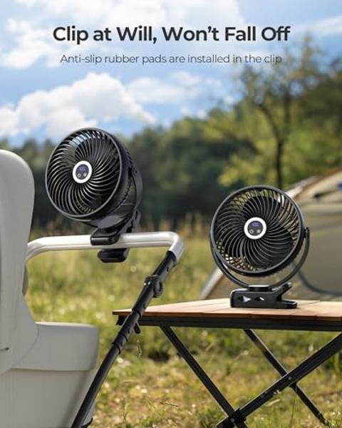 Ventilador portátil con clip y luz xasla de 10000 mAh, 8 pulgadas, batería recargable, 24 horas de duración, silencioso, para camping, pantalla digital, 3 velocidades, rotación de 