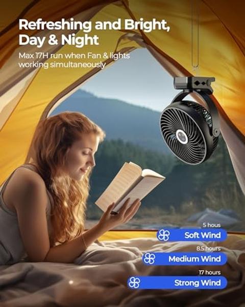 Ventilador portátil con clip y luz xasla de 10000 mAh, 8 pulgadas, batería recargable, 24 horas de duración, silencioso, para camping, pantalla digital, 3 velocidades, rotación de 