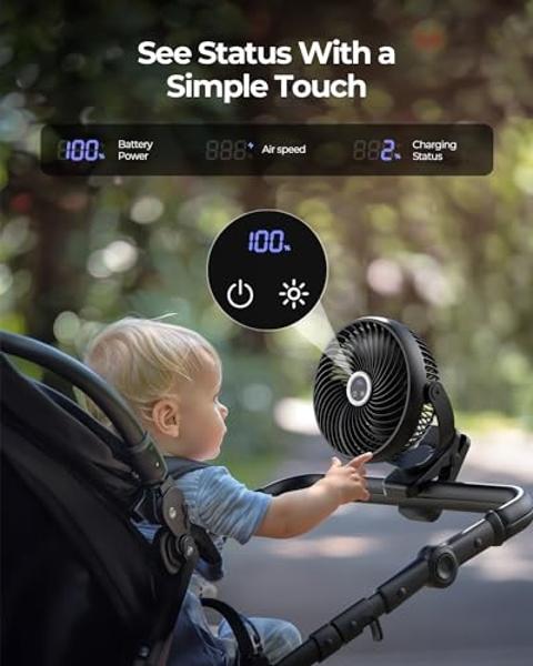 Ventilador portátil con clip y luz xasla de 10000 mAh, 8 pulgadas, batería recargable, 24 horas de duración, silencioso, para camping, pantalla digital, 3 velocidades, rotación de 