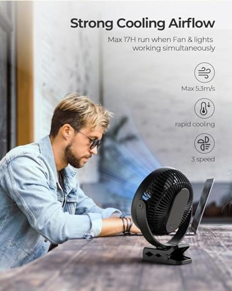 Ventilador portátil con clip y luz xasla de 10000 mAh, 8 pulgadas, batería recargable, 24 horas de duración, silencioso, para camping, pantalla digital, 3 velocidades, rotación de 