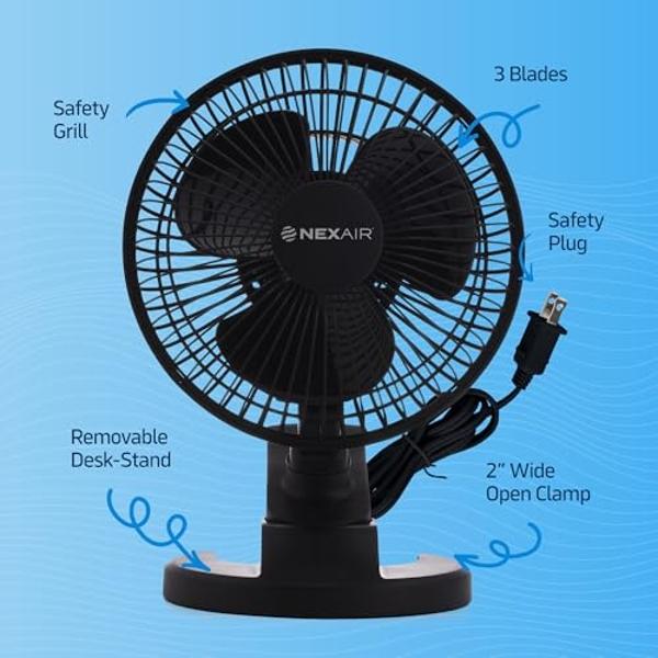 Ventilador portátil de escritorio o con clip NEXAIR de 6 pulgadas con dos velocidades silenciosas: pequeño ventilador personal para escritorio, hogar, dormitorio y oficina, inclina