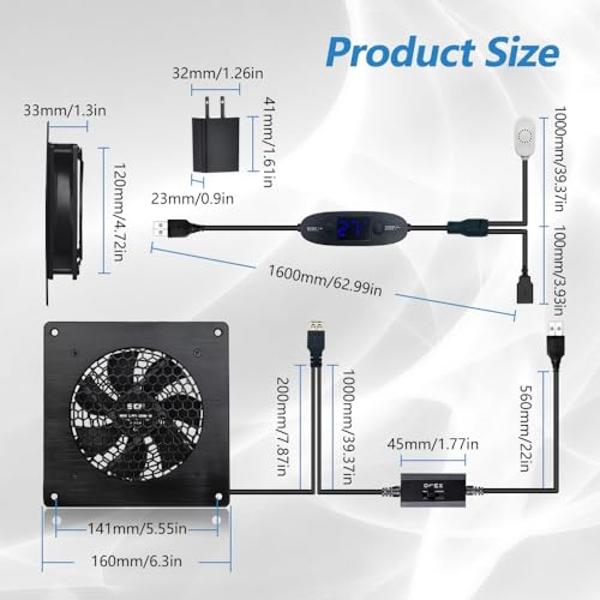 Sistema de ventiladores silenciosos SCCCF de 120 mm USB para gabinetes de 6" con termostato ajustable de 0 a 60 °C, ideal para gabinetes de cine en casa, invernaderos y casetas par