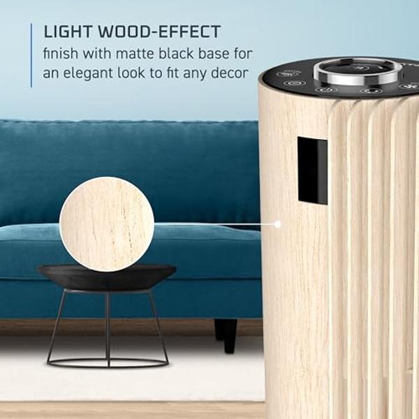 Rowenta, Ventilador de Torre Urban Cool Silencioso, Ventilador de Pie Silencioso para Dormitorio con 3 Velocidades, Oscilación, Control Remoto, Temporizador, Negro + Efecto Madera,