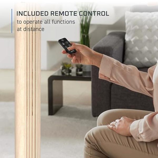 Rowenta, Ventilador de Torre Urban Cool Silencioso, Ventilador de Pie Silencioso para Dormitorio con 3 Velocidades, Oscilación, Control Remoto, Temporizador, Negro + Efecto Madera,