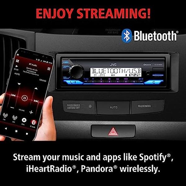 Estéreo para auto JVC KD-SX38MBT con Bluetooth, receptor de radio marina de 4 canales, radio AM/FM de un solo DIN, entrada auxiliar, USB, transmisión, iluminación RGB, ideal para u