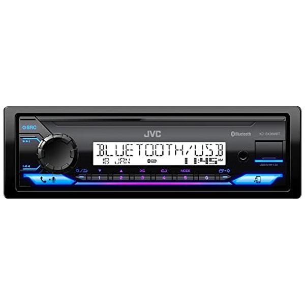 Estéreo para auto JVC KD-SX38MBT con Bluetooth, receptor de radio marina de 4 canales, radio AM/FM de un solo DIN, entrada auxiliar, USB, transmisión, iluminación RGB, ideal para u