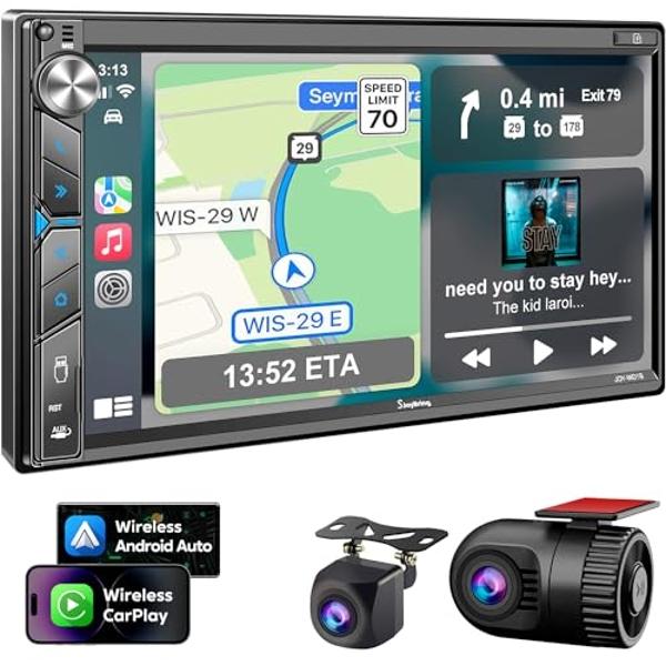 Estéreo de coche de doble DIN con cámara de tablero: control por voz, CarPlay, Android Auto, controles en el volante, pantalla táctil HD de 7", cámara de reversa, Bluetooth, Mirror